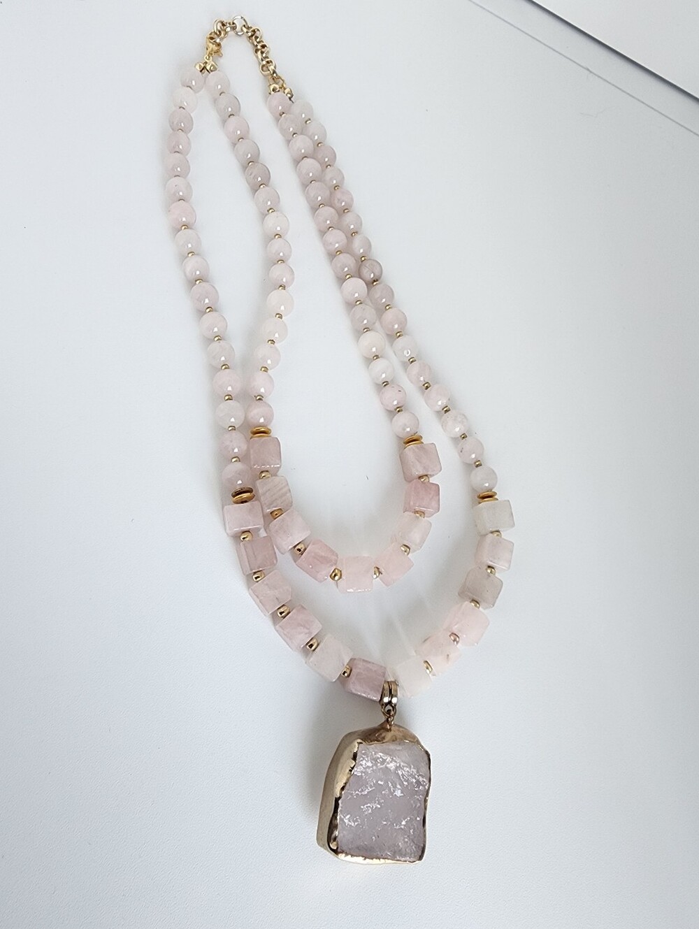 Rose Quartz Statement Necklace Double Strand Raw Stone Pendant 18" - Picture 4 of 5
